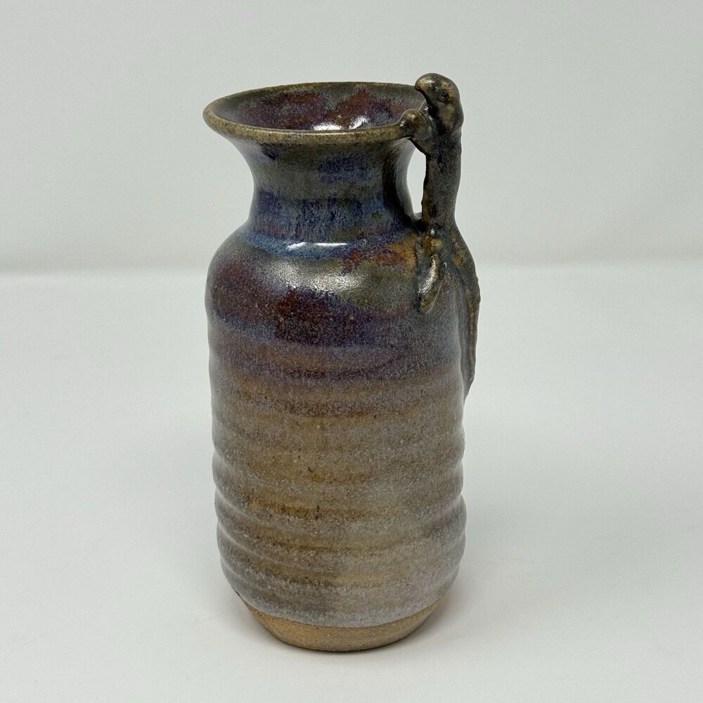 Vintage Hand Made Pottery Vase Lizard on Lip Beige Bottom w/ Multi-Colored Top